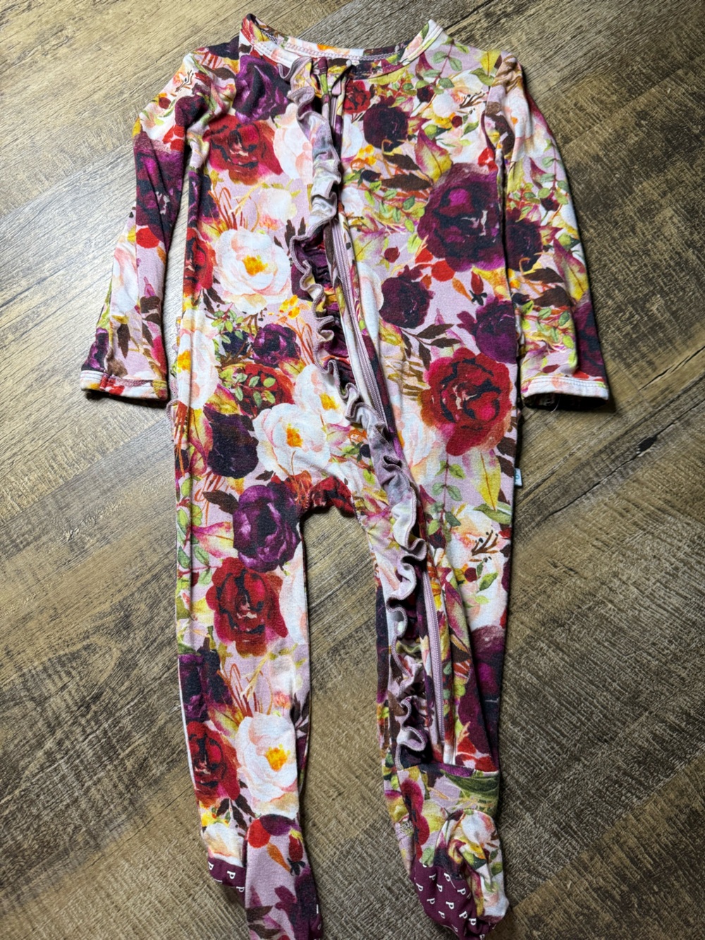Posh Peanut Floral Ruffle Footed Pajamas - Pink Purple Multi